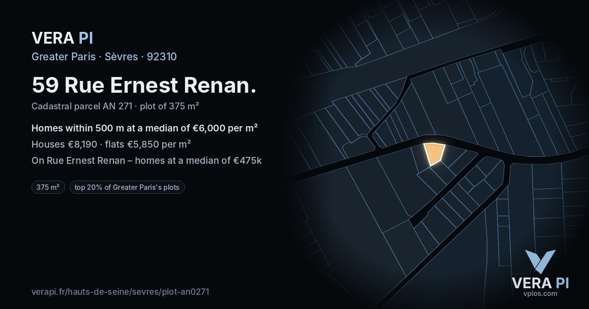 59 Rue Ernest Renan, Sèvres at night – the plot lit, the parcels around coloured by the prices near them