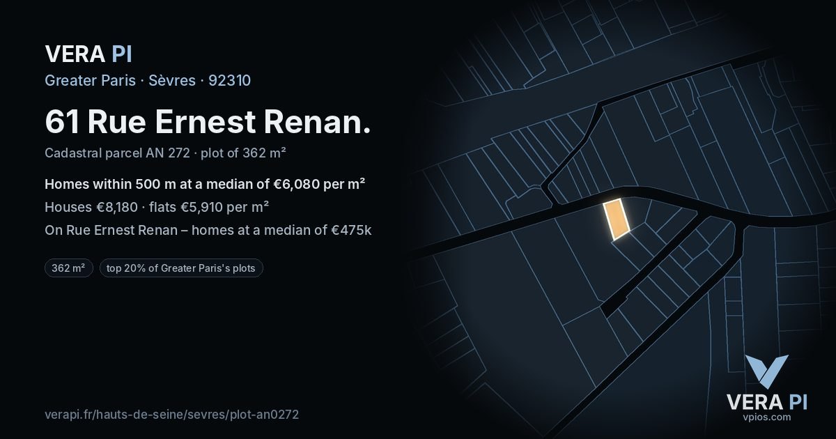 61 Rue Ernest Renan, Sèvres at night – the plot lit, the parcels around coloured by the prices near them