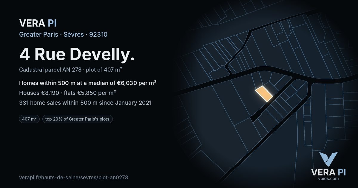 4 Rue Develly, Sèvres at night – the plot lit, the parcels around coloured by the prices near them