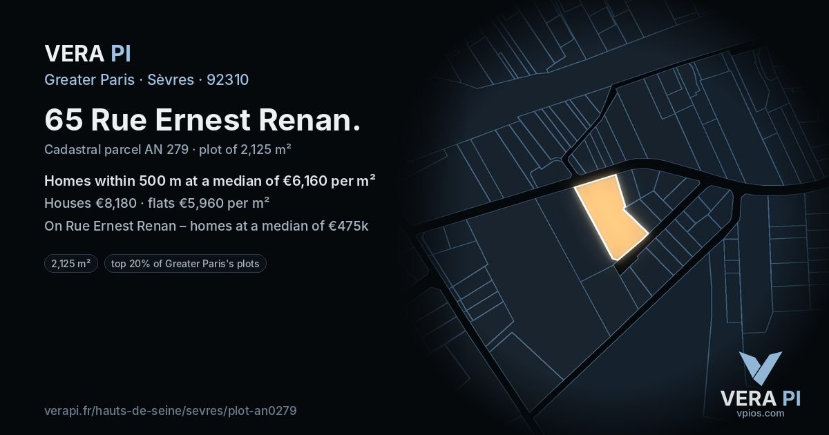65 Rue Ernest Renan, Sèvres at night – the plot lit, the parcels around coloured by the prices near them