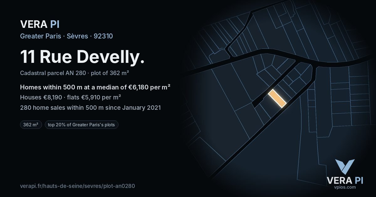 11 Rue Develly, Sèvres at night – the plot lit, the parcels around coloured by the prices near them