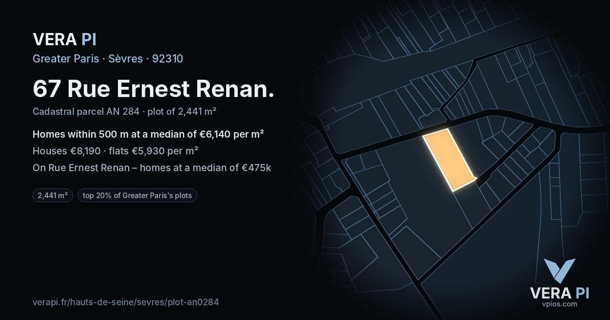 67 Rue Ernest Renan, Sèvres at night – the plot lit, the parcels around coloured by the prices near them