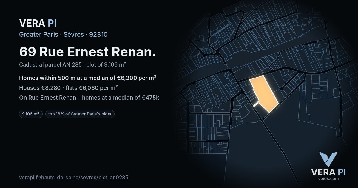 69 Rue Ernest Renan, Sèvres at night – the plot lit, the parcels around coloured by the prices near them