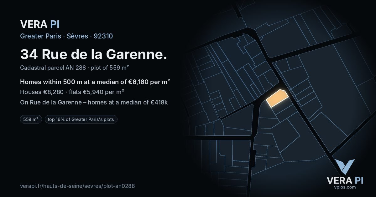 34 Rue de la Garenne, Sèvres at night – the plot lit, the parcels around coloured by the prices near them