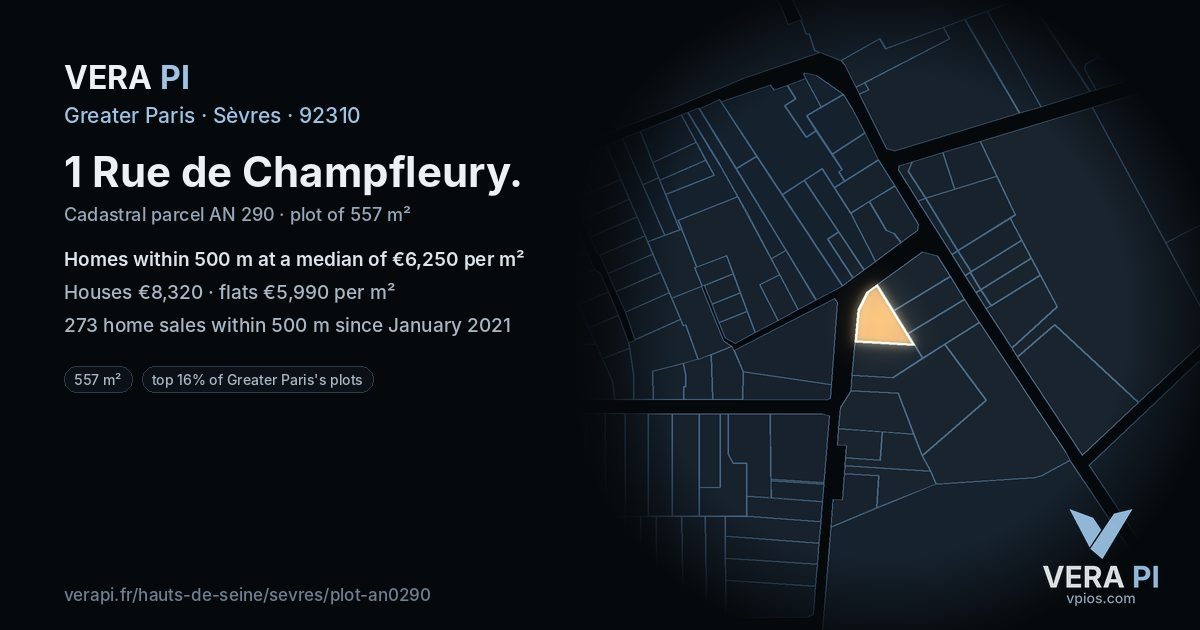 1 Rue de Champfleury, Sèvres at night – the plot lit, the parcels around coloured by the prices near them