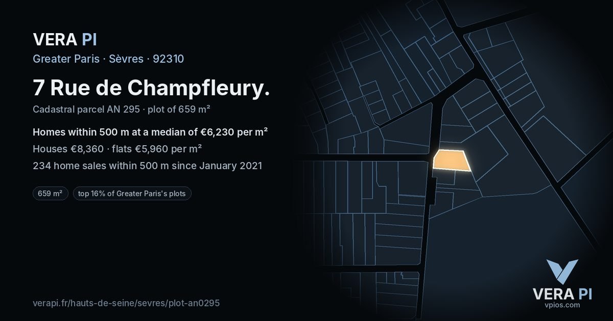 7 Rue de Champfleury, Sèvres at night – the plot lit, the parcels around coloured by the prices near them