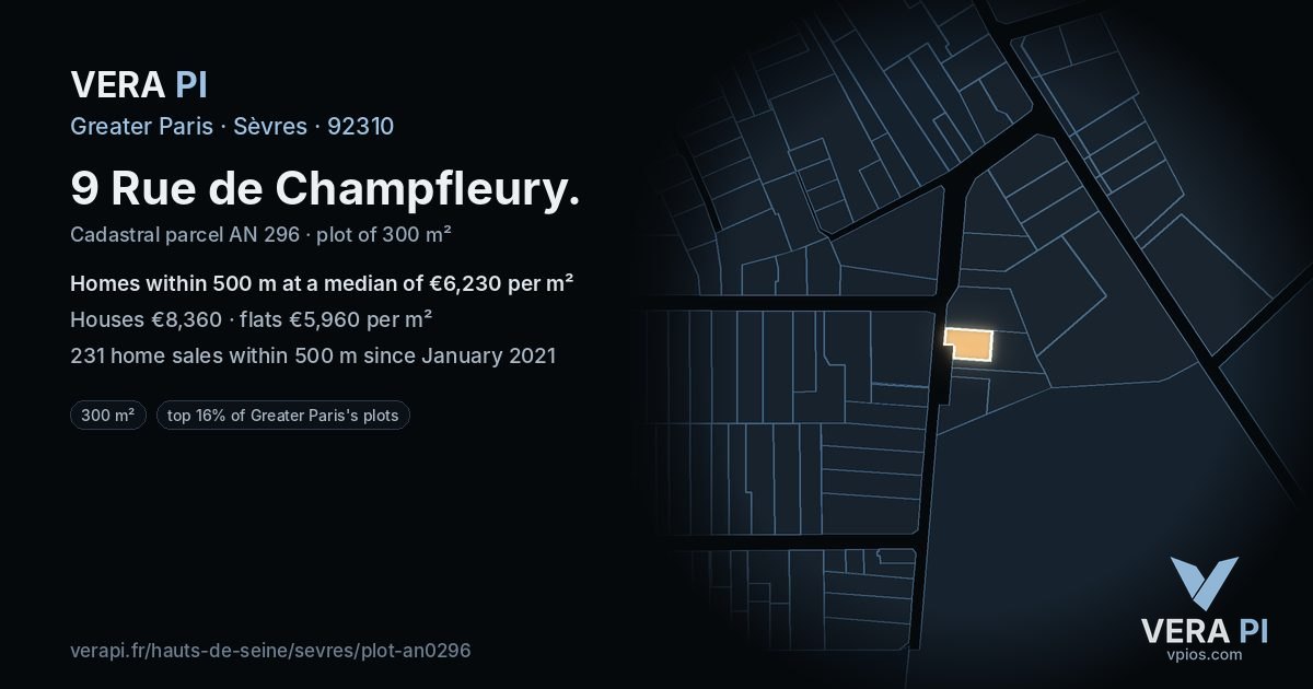 9 Rue de Champfleury, Sèvres at night – the plot lit, the parcels around coloured by the prices near them
