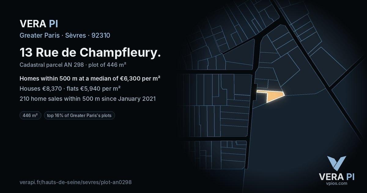 13 Rue de Champfleury, Sèvres at night – the plot lit, the parcels around coloured by the prices near them