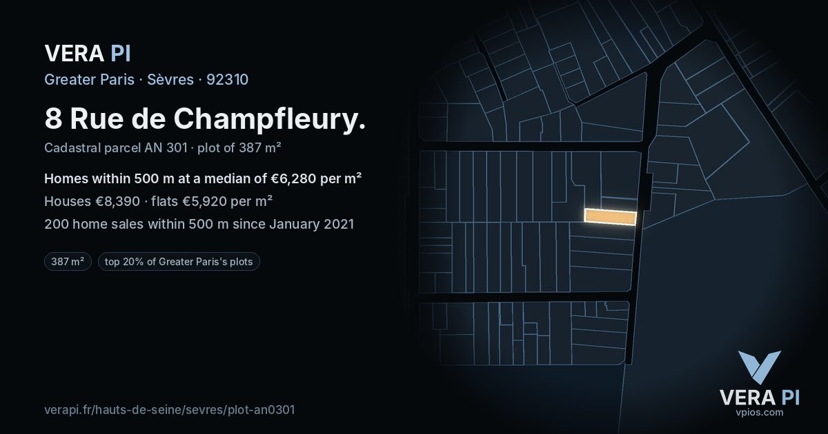 8 Rue de Champfleury, Sèvres at night – the plot lit, the parcels around coloured by the prices near them