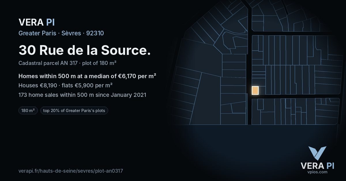 30 Rue de la Source, Sèvres at night – the plot lit, the parcels around coloured by the prices near them