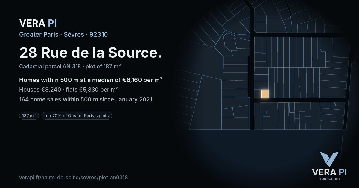 28 Rue de la Source, Sèvres at night – the plot lit, the parcels around coloured by the prices near them