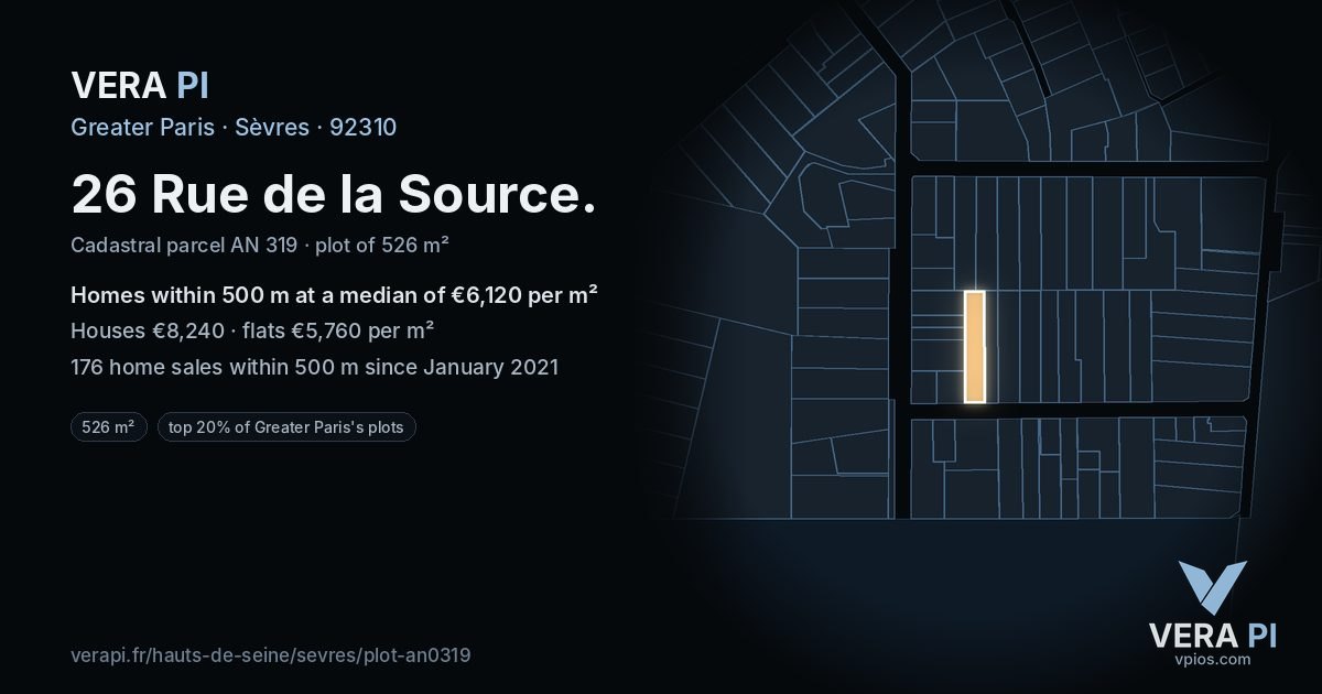 26 Rue de la Source, Sèvres at night – the plot lit, the parcels around coloured by the prices near them