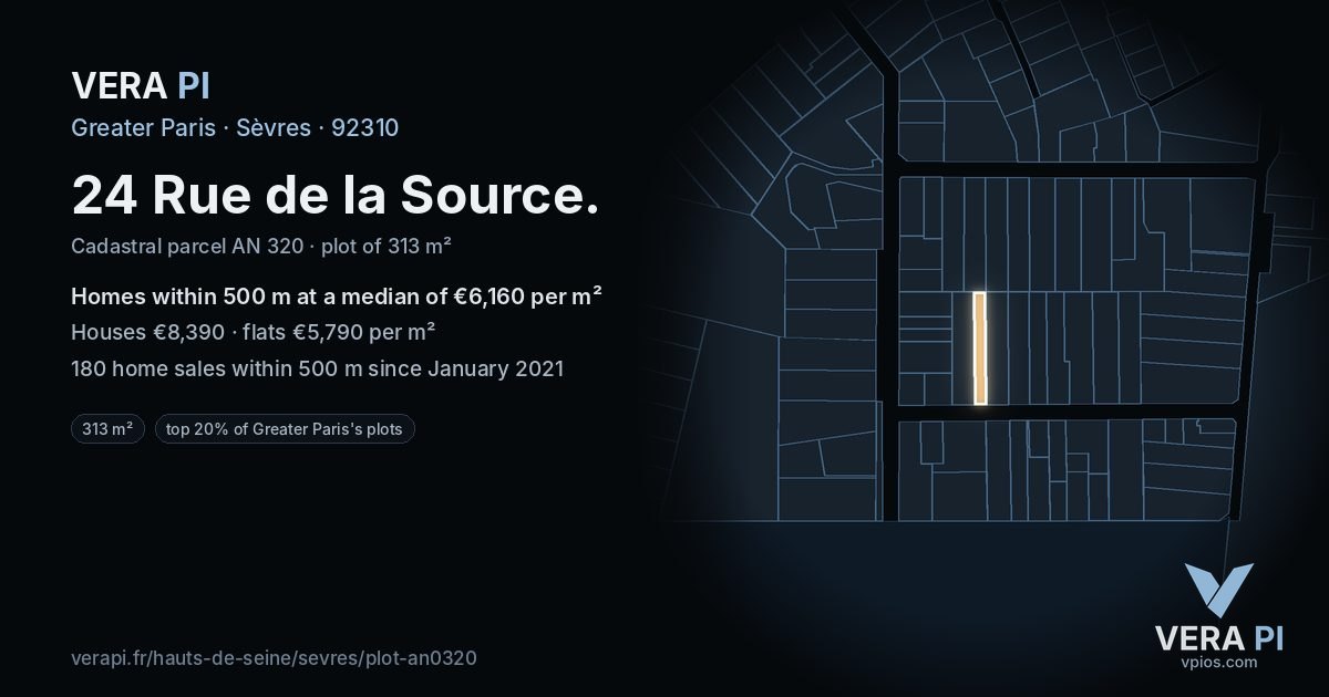 24 Rue de la Source, Sèvres at night – the plot lit, the parcels around coloured by the prices near them