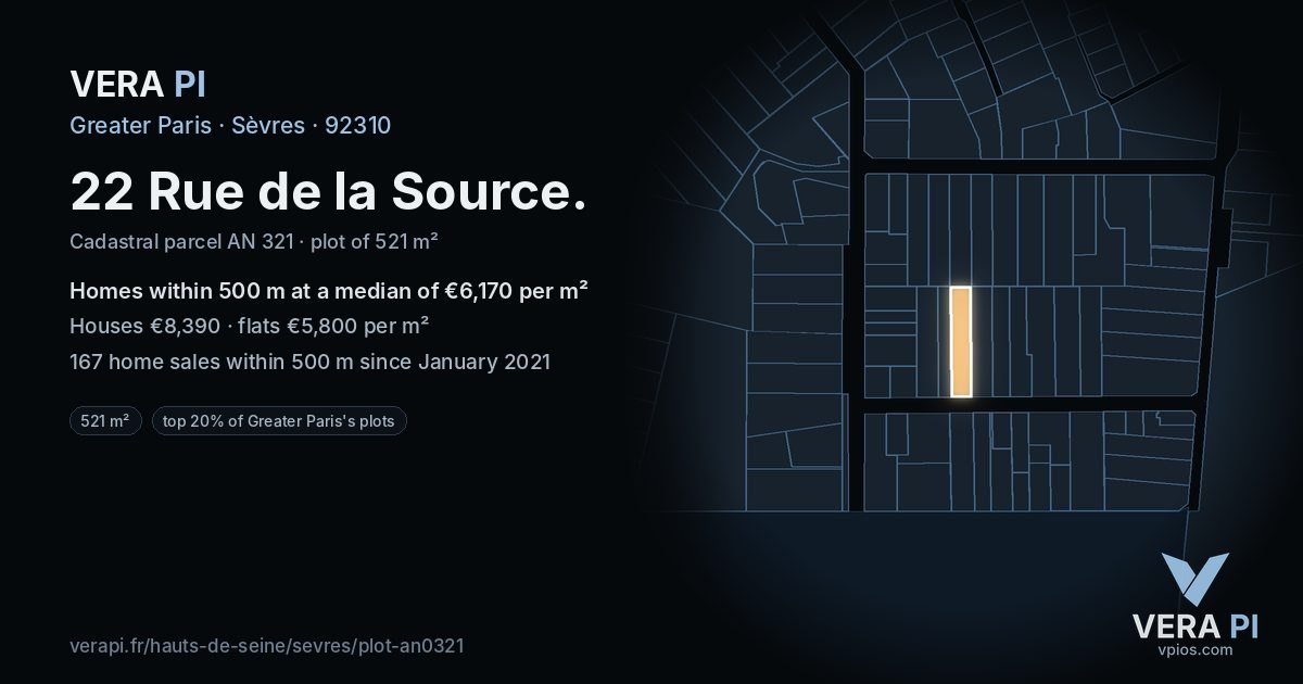 22 Rue de la Source, Sèvres at night – the plot lit, the parcels around coloured by the prices near them
