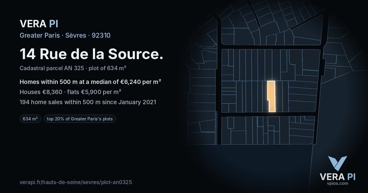 14 Rue de la Source, Sèvres at night – the plot lit, the parcels around coloured by the prices near them