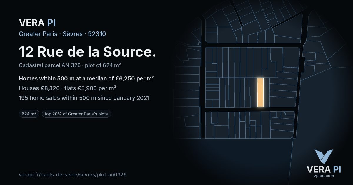 12 Rue de la Source, Sèvres at night – the plot lit, the parcels around coloured by the prices near them