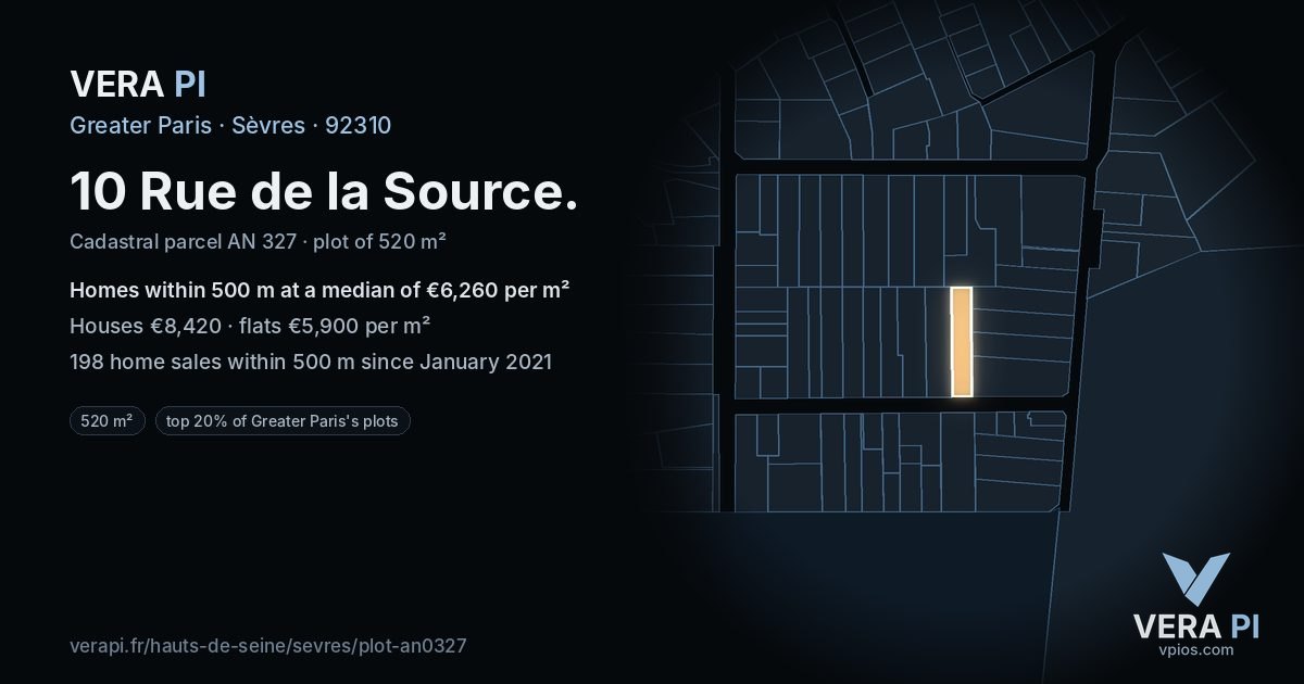 10 Rue de la Source, Sèvres at night – the plot lit, the parcels around coloured by the prices near them