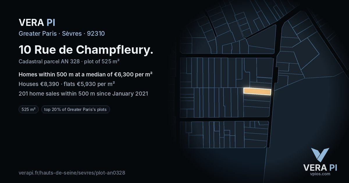 10 Rue de Champfleury, Sèvres at night – the plot lit, the parcels around coloured by the prices near them