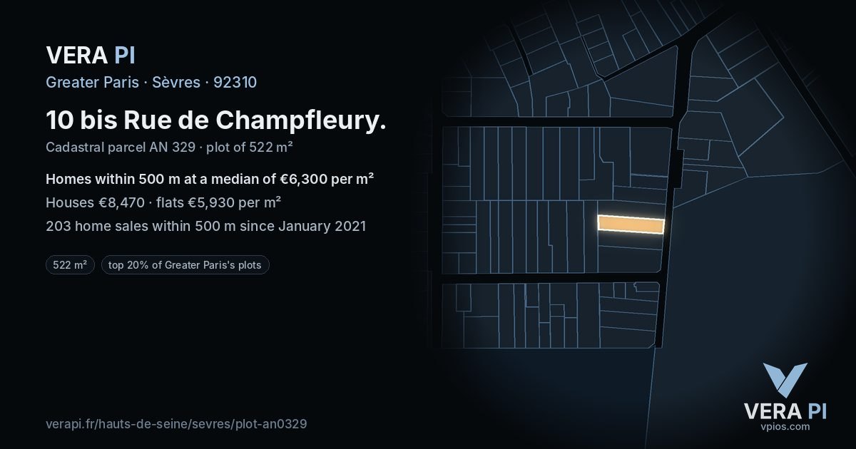 10 bis Rue de Champfleury, Sèvres at night – the plot lit, the parcels around coloured by the prices near them