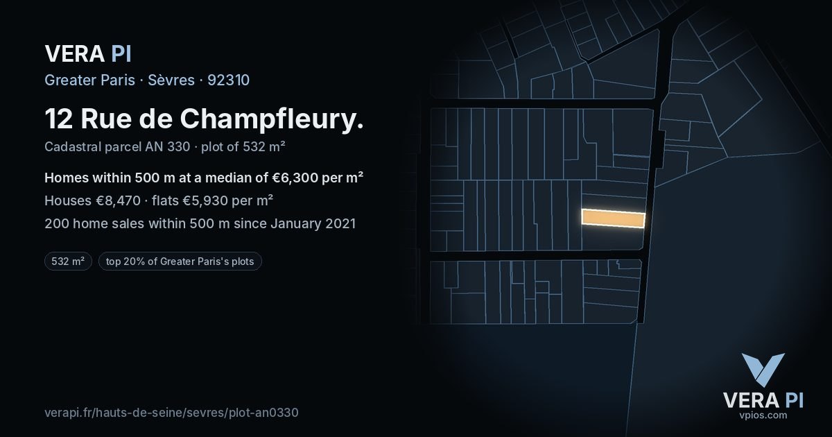 12 Rue de Champfleury, Sèvres at night – the plot lit, the parcels around coloured by the prices near them