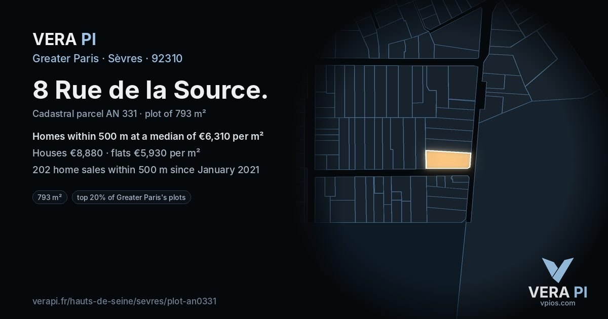 8 Rue de la Source, Sèvres at night – the plot lit, the parcels around coloured by the prices near them