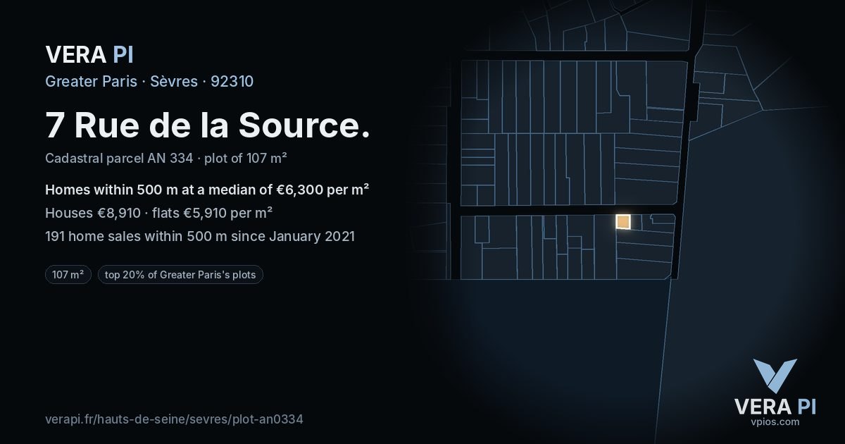 7 Rue de la Source, Sèvres at night – the plot lit, the parcels around coloured by the prices near them
