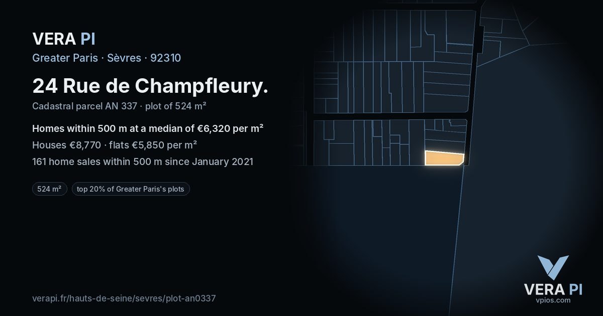 24 Rue de Champfleury, Sèvres at night – the plot lit, the parcels around coloured by the prices near them