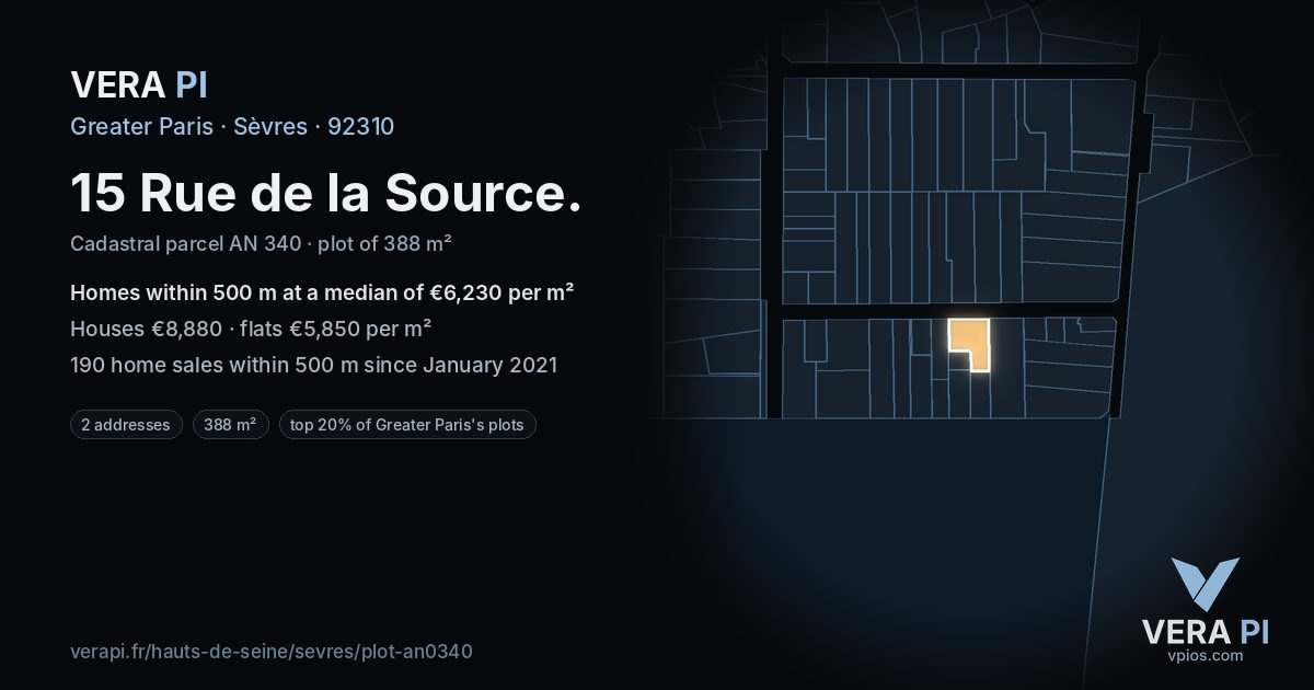 15 Rue de la Source, Sèvres at night – the plot lit, the parcels around coloured by the prices near them