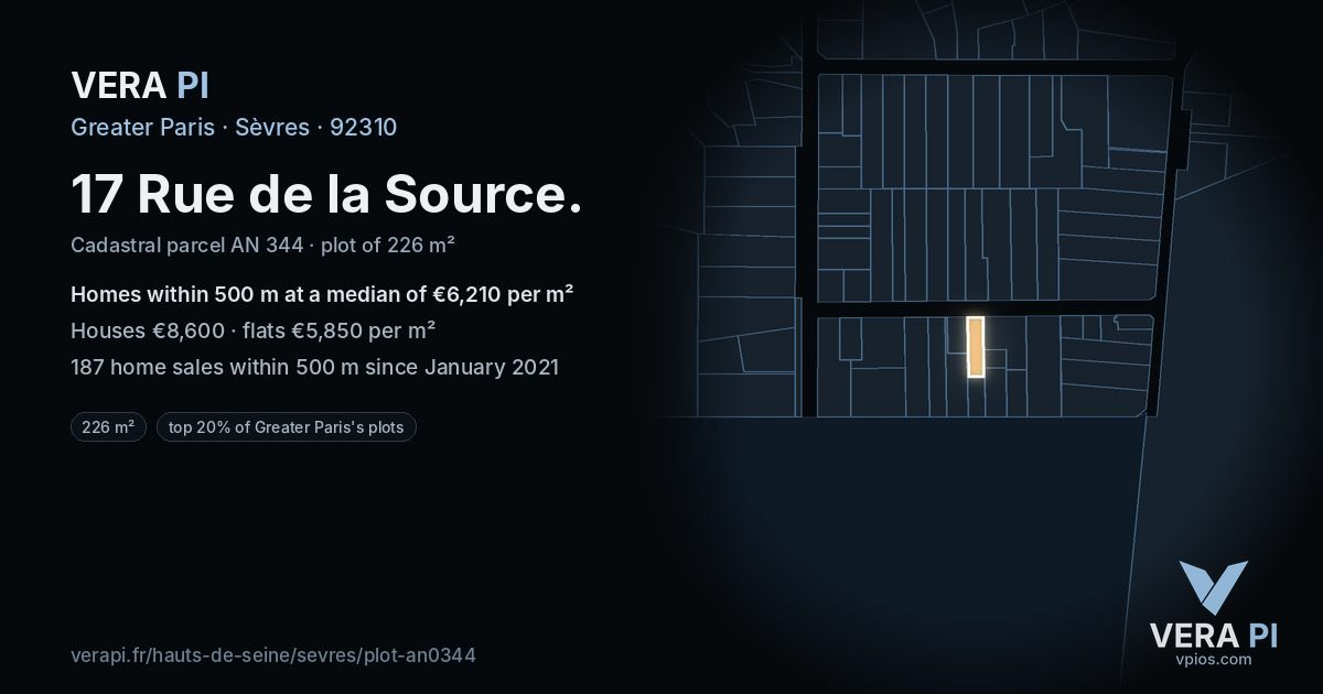 17 Rue de la Source, Sèvres at night – the plot lit, the parcels around coloured by the prices near them