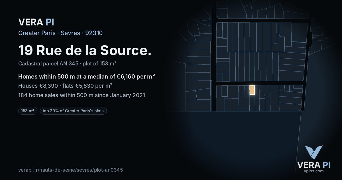 19 Rue de la Source, Sèvres at night – the plot lit, the parcels around coloured by the prices near them