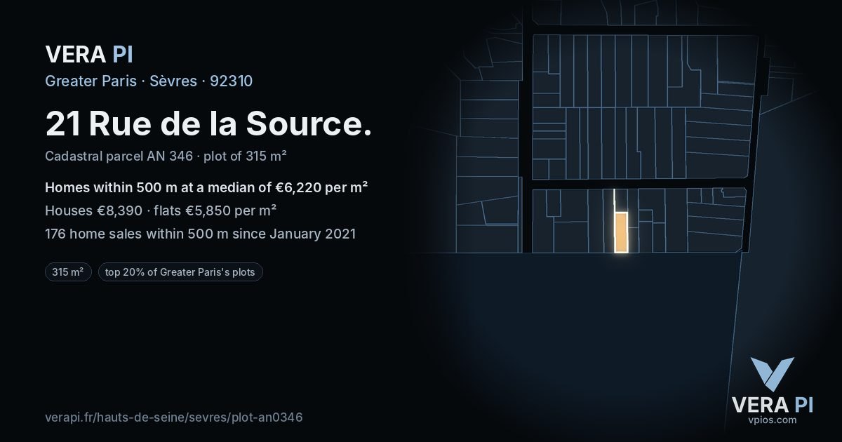 21 Rue de la Source, Sèvres at night – the plot lit, the parcels around coloured by the prices near them