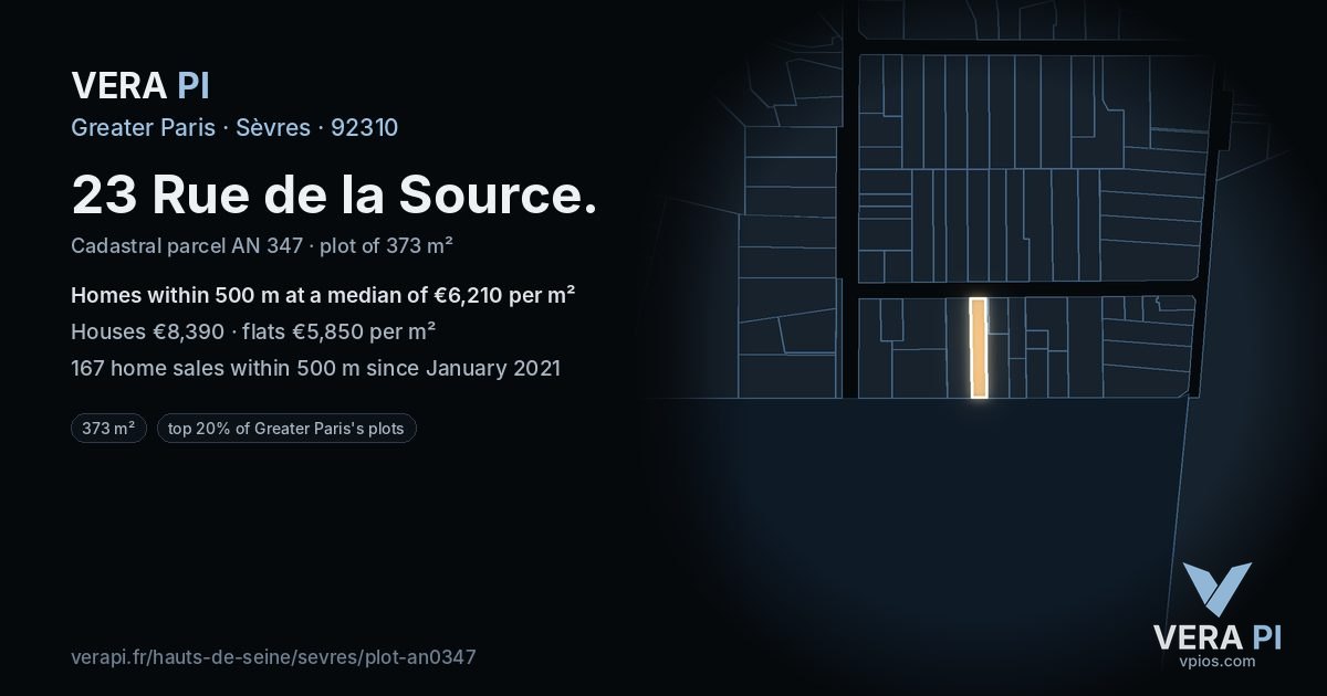 23 Rue de la Source, Sèvres at night – the plot lit, the parcels around coloured by the prices near them