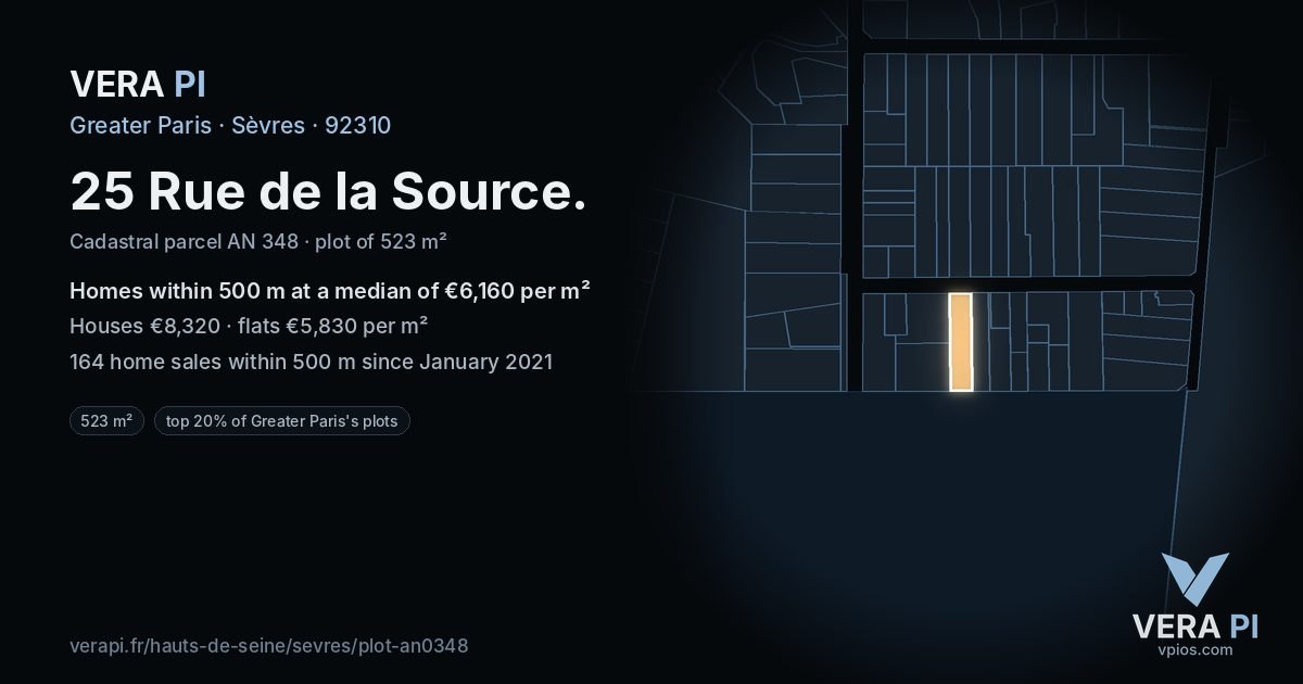 25 Rue de la Source, Sèvres at night – the plot lit, the parcels around coloured by the prices near them