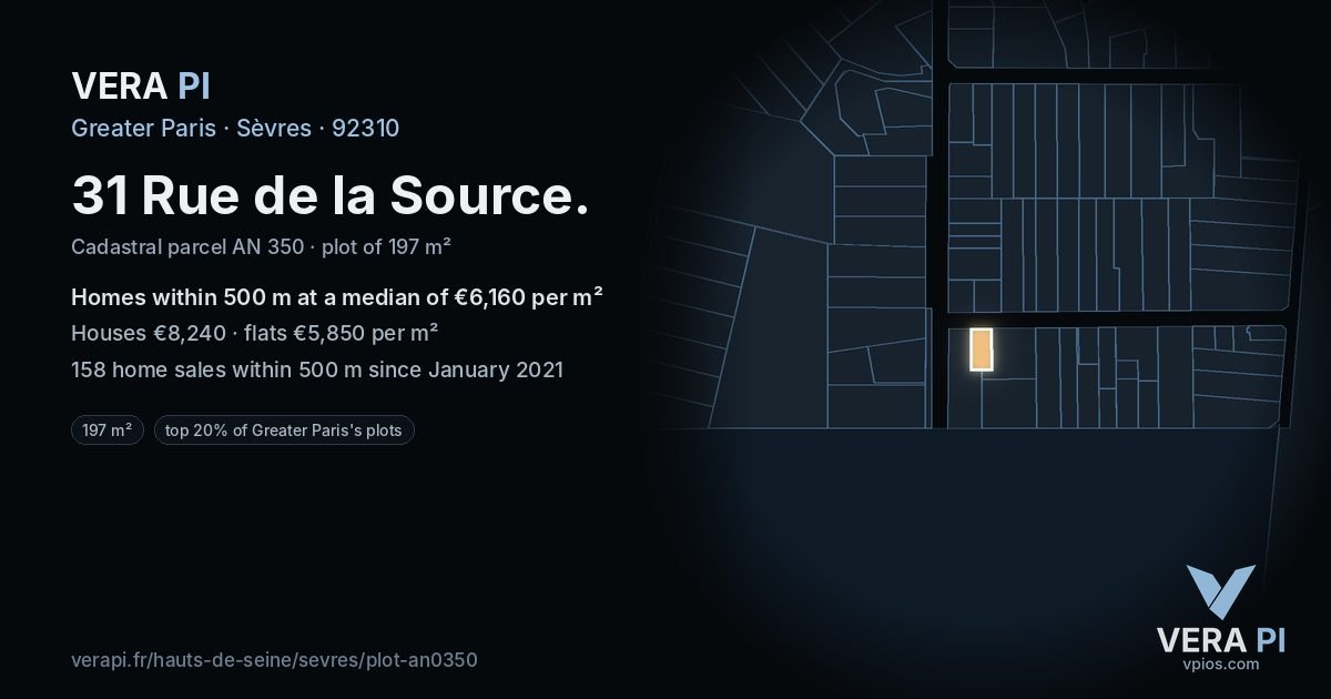 31 Rue de la Source, Sèvres at night – the plot lit, the parcels around coloured by the prices near them
