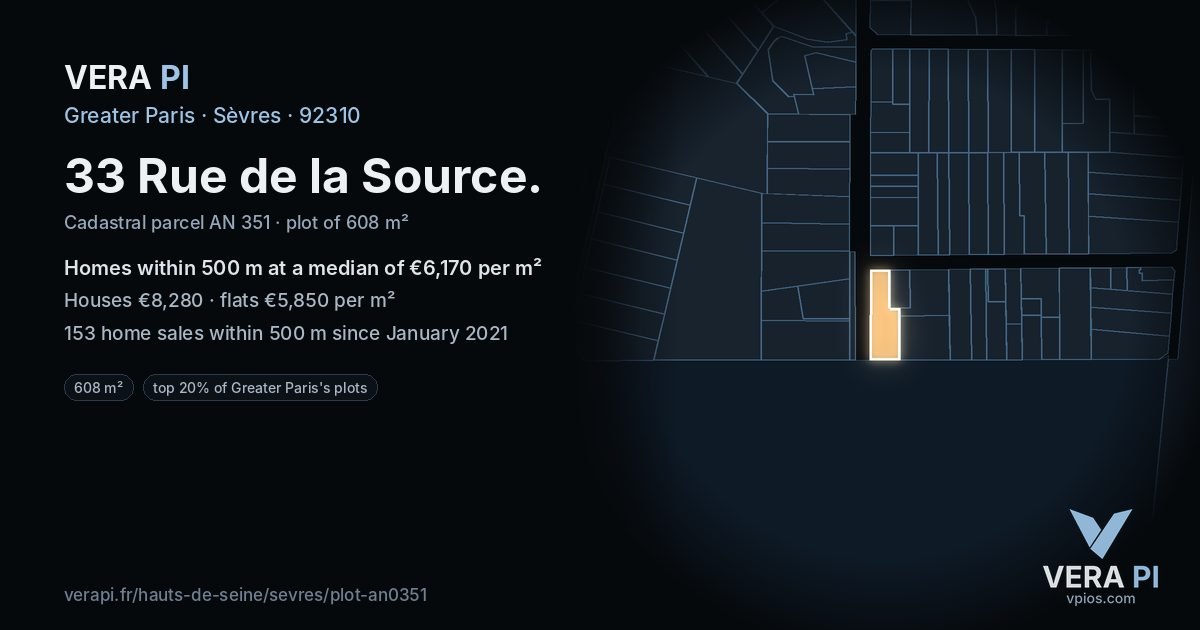 33 Rue de la Source, Sèvres at night – the plot lit, the parcels around coloured by the prices near them