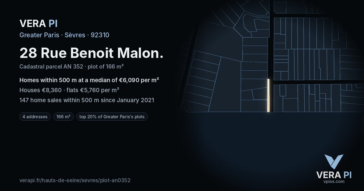 28 Rue Benoit Malon, Sèvres at night – the plot lit, the parcels around coloured by the prices near them