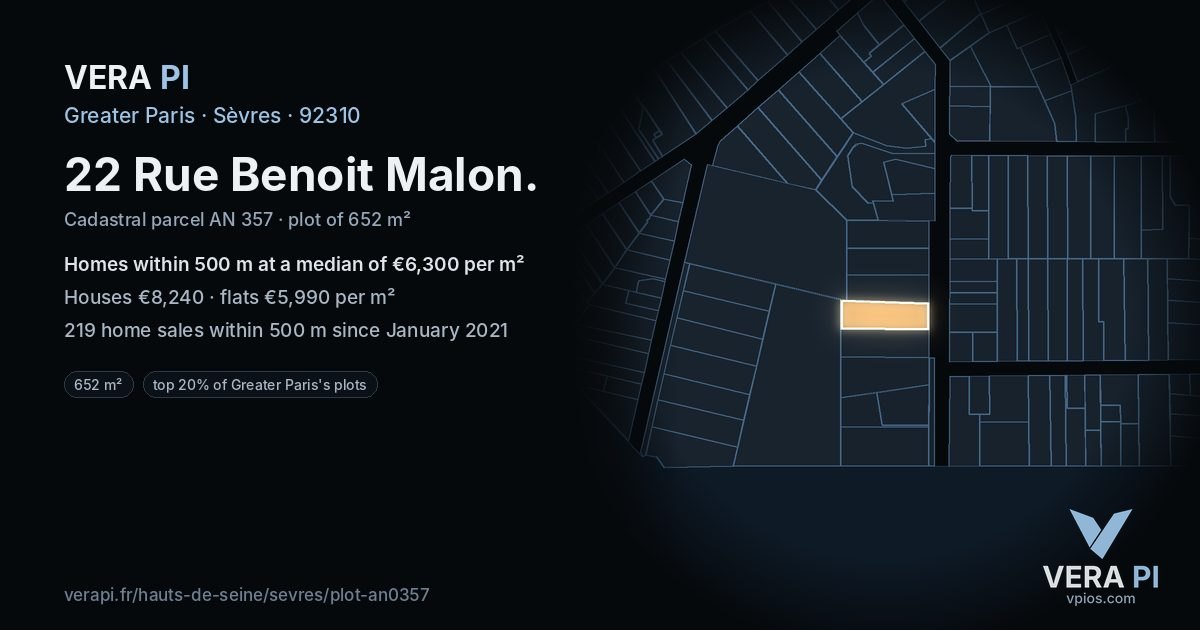22 Rue Benoit Malon, Sèvres at night – the plot lit, the parcels around coloured by the prices near them