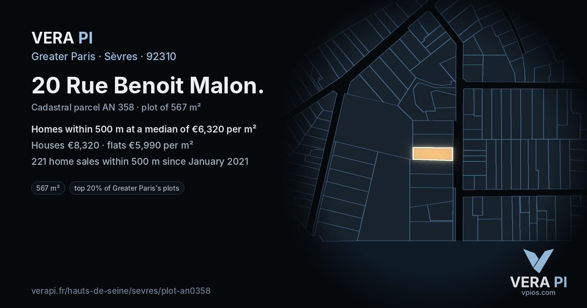 20 Rue Benoit Malon, Sèvres at night – the plot lit, the parcels around coloured by the prices near them