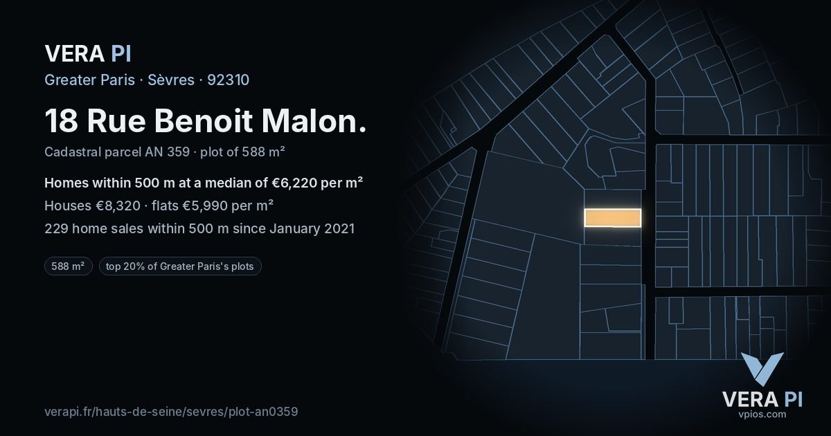 18 Rue Benoit Malon, Sèvres at night – the plot lit, the parcels around coloured by the prices near them