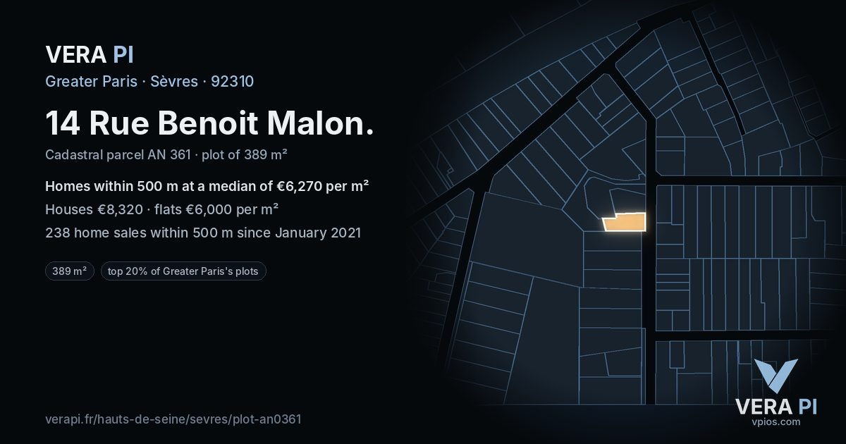 14 Rue Benoit Malon, Sèvres at night – the plot lit, the parcels around coloured by the prices near them