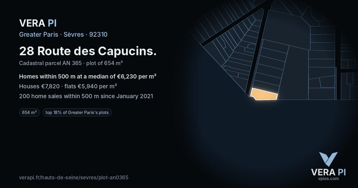 28 Route des Capucins, Sèvres at night – the plot lit, the parcels around coloured by the prices near them
