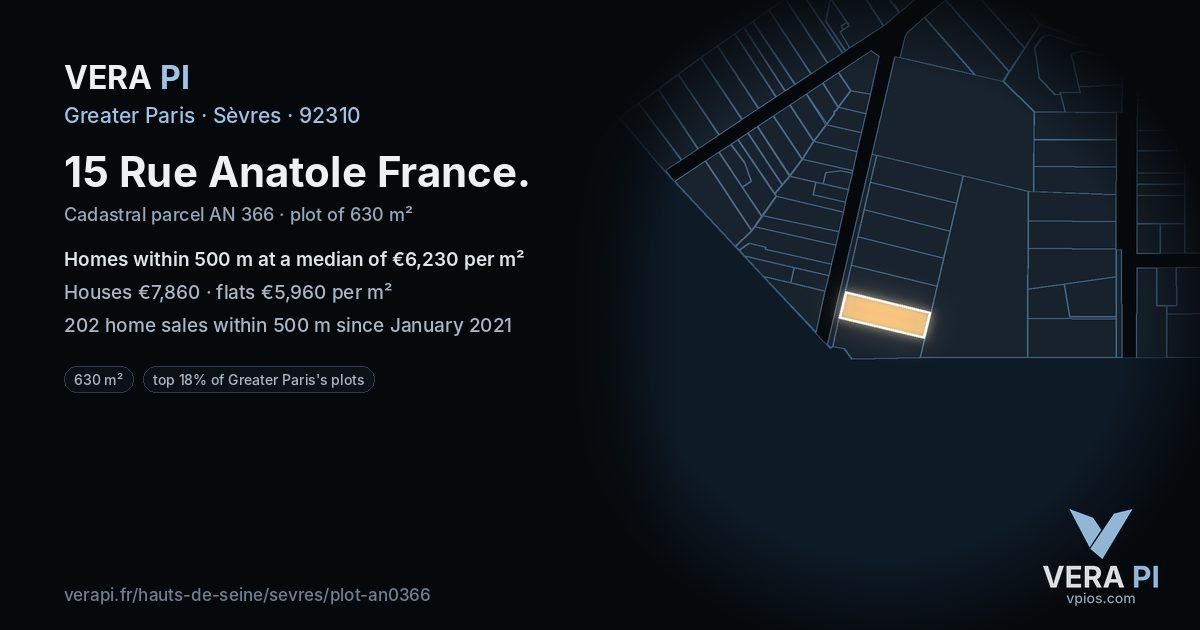 15 Rue Anatole France, Sèvres at night – the plot lit, the parcels around coloured by the prices near them
