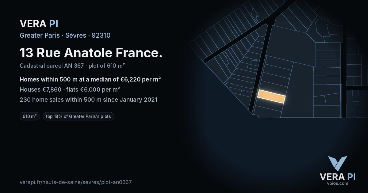 13 Rue Anatole France, Sèvres at night – the plot lit, the parcels around coloured by the prices near them