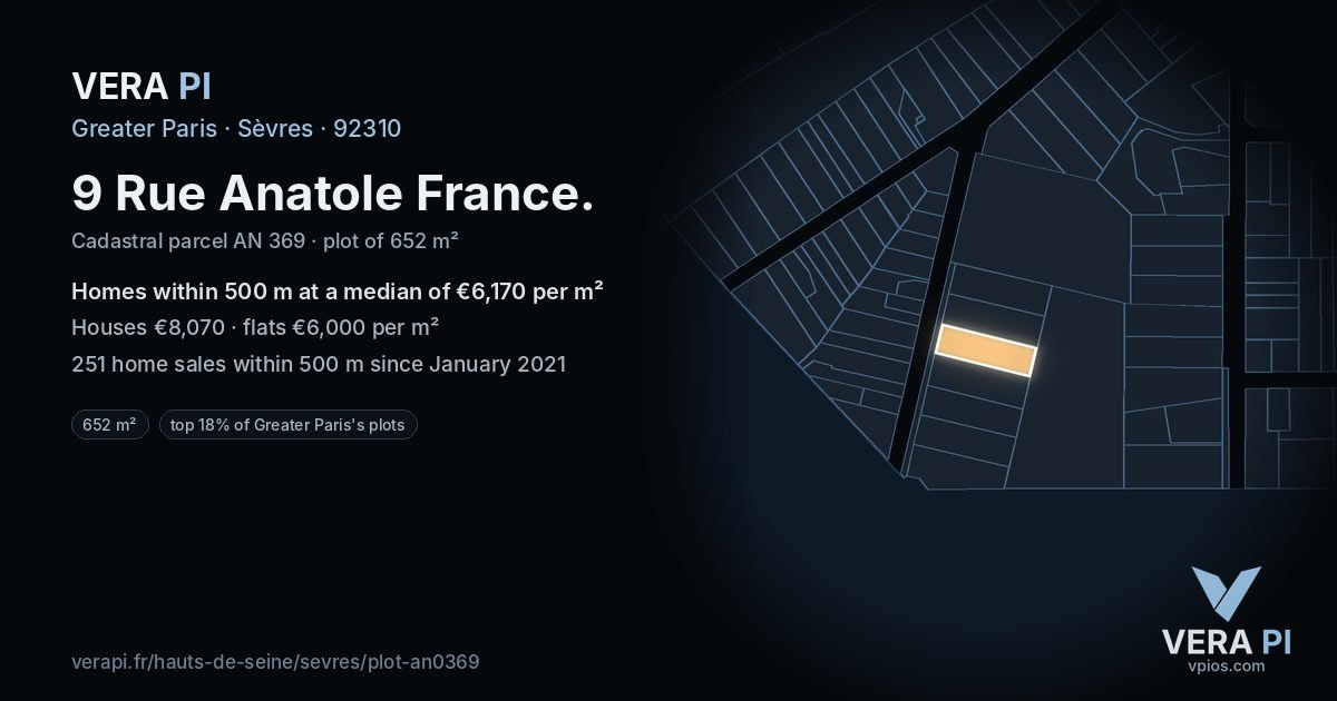 9 Rue Anatole France, Sèvres at night – the plot lit, the parcels around coloured by the prices near them