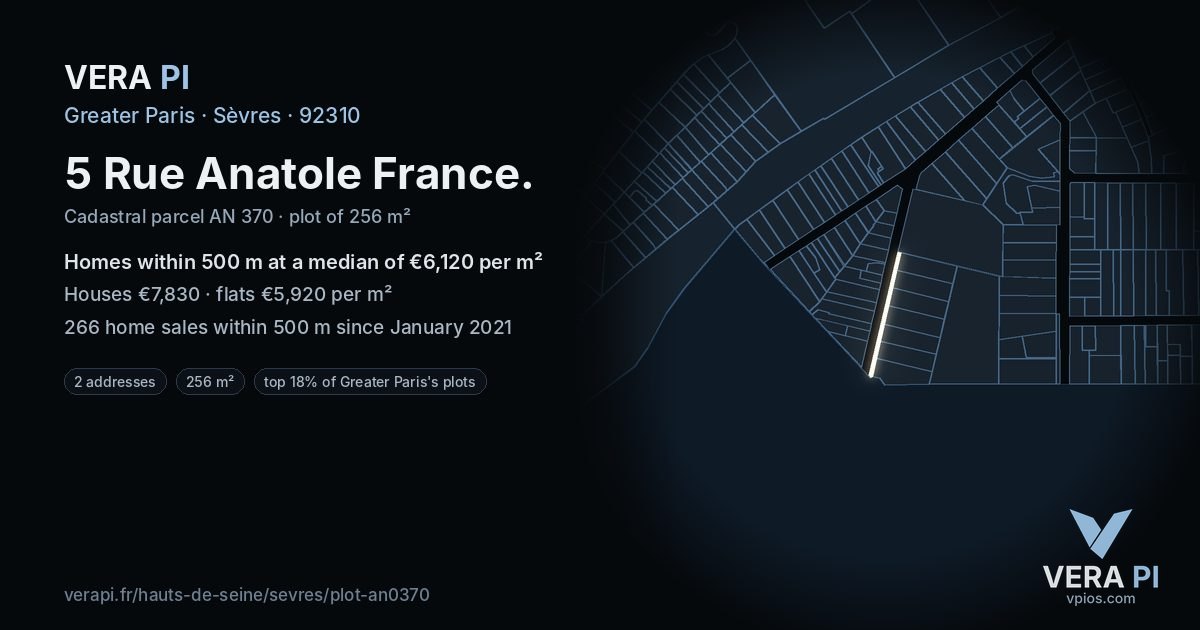 5 Rue Anatole France, Sèvres at night – the plot lit, the parcels around coloured by the prices near them