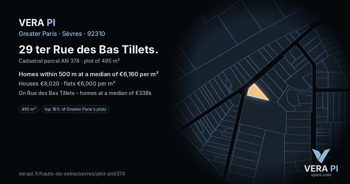 29 ter Rue des Bas Tillets, Sèvres at night – the plot lit, the parcels around coloured by the prices near them