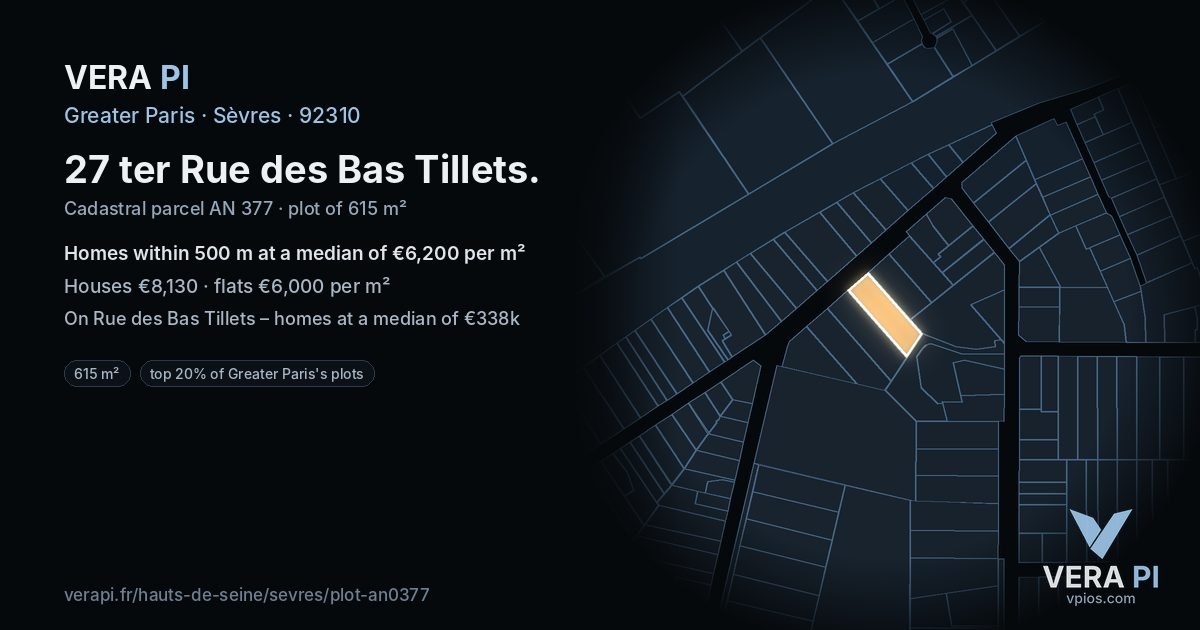 27 ter Rue des Bas Tillets, Sèvres at night – the plot lit, the parcels around coloured by the prices near them