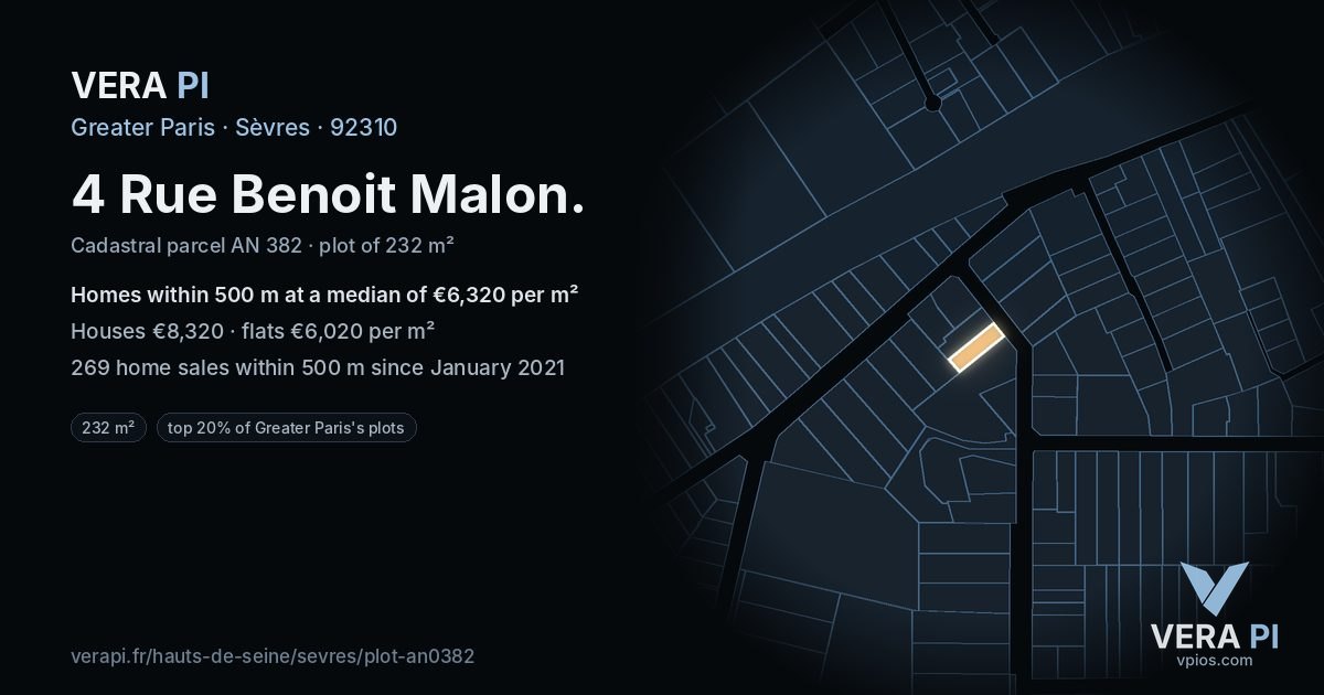 4 Rue Benoit Malon, Sèvres at night – the plot lit, the parcels around coloured by the prices near them