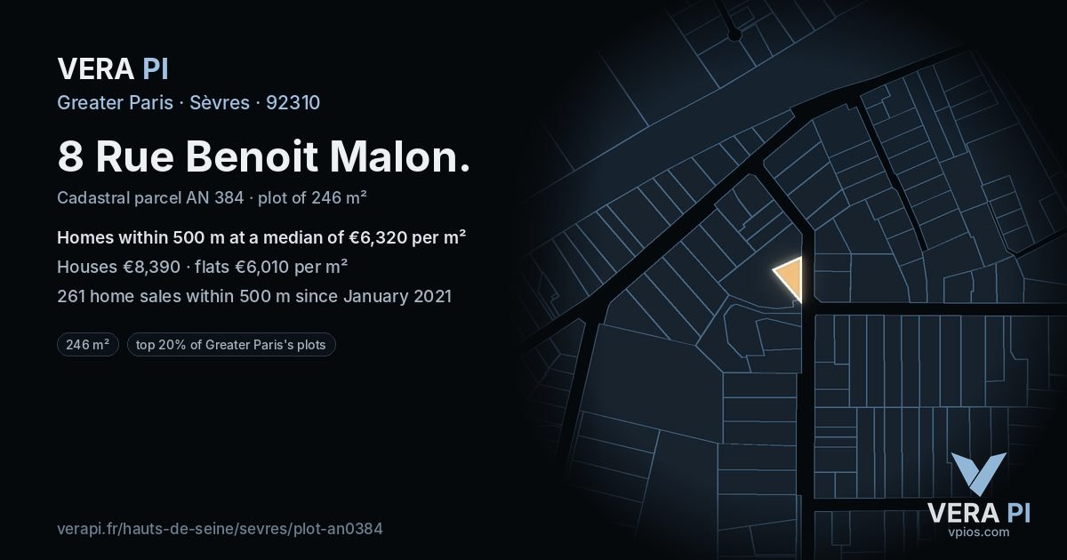 8 Rue Benoit Malon, Sèvres at night – the plot lit, the parcels around coloured by the prices near them