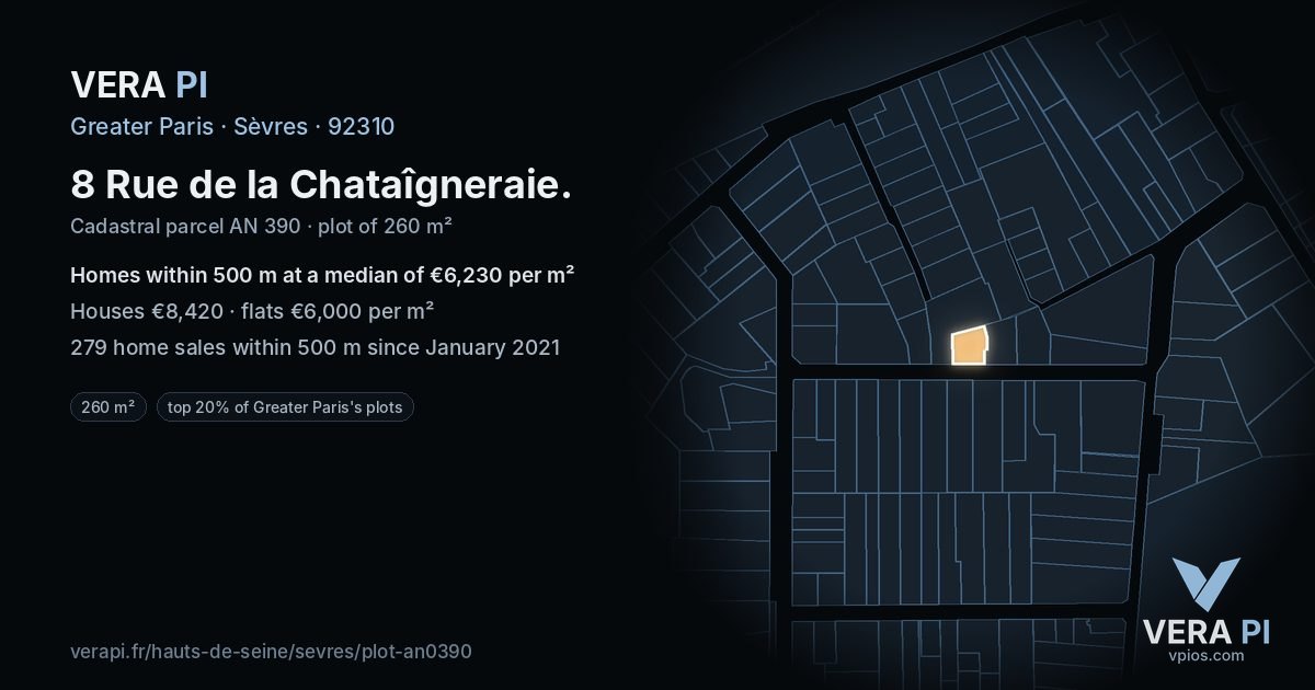 8 Rue de la Chataîgneraie, Sèvres at night – the plot lit, the parcels around coloured by the prices near them
